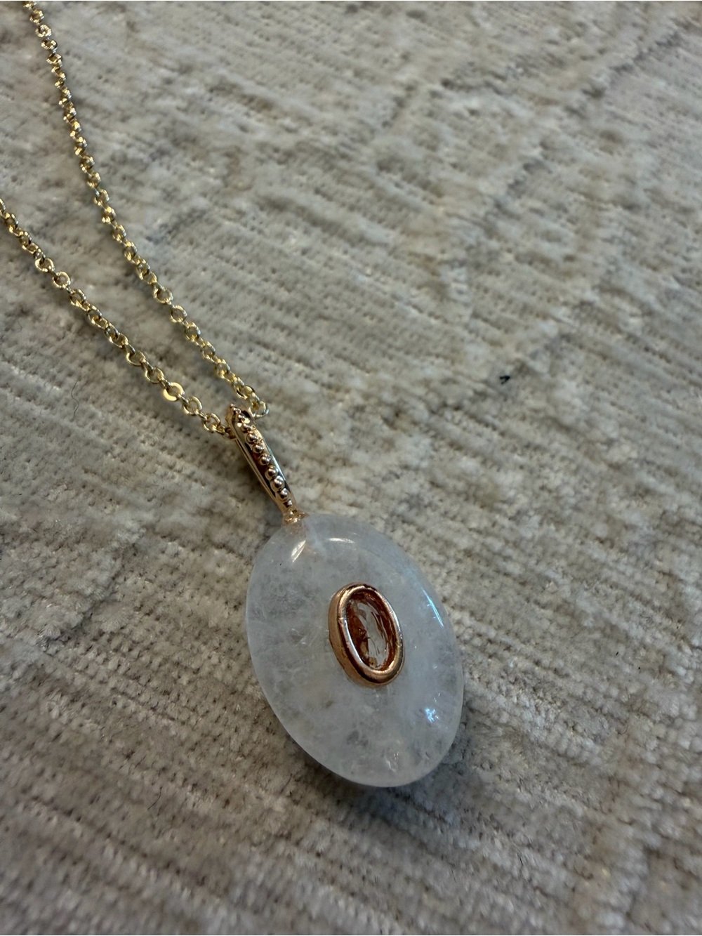 14k Gold plated Chain Necklace with White Oval quartz Pendant 16-18”